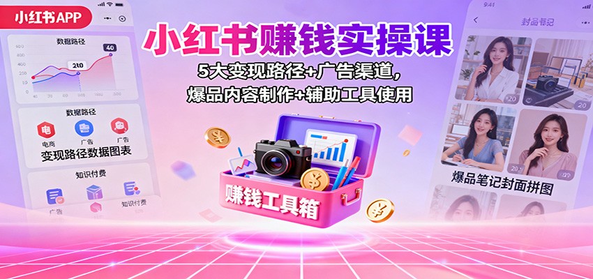 小红书赚钱实操课：5大变现路径+广告渠道，爆品内容制作+辅助工具使用-DE云网创