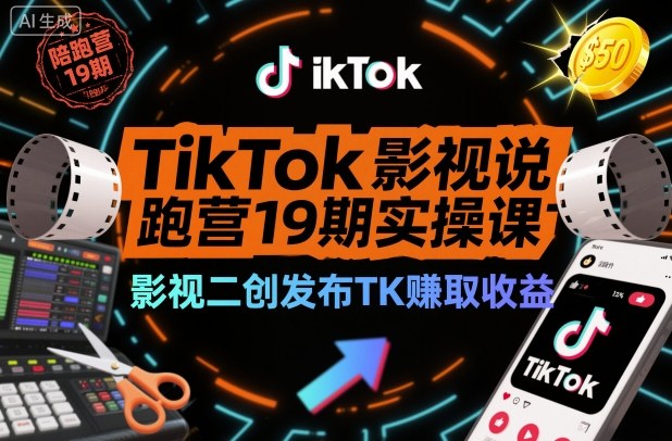 TikTok影视解说陪跑营19期实操课，影视二创发布TK賺取收益，万播收益50美金-DE云网创