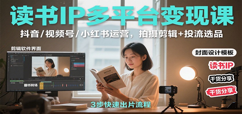 读书IP多平台变现课：抖音/视频号/小红书运营，拍摄剪辑+投流选品-DE云网创