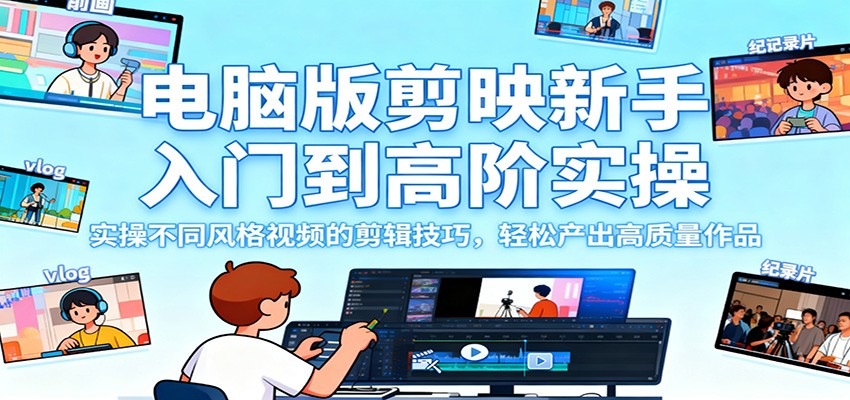 电脑版剪映新手入门到高阶实操，实操不同风格视频的剪辑技巧，轻松产出高质量作品-DE云网创