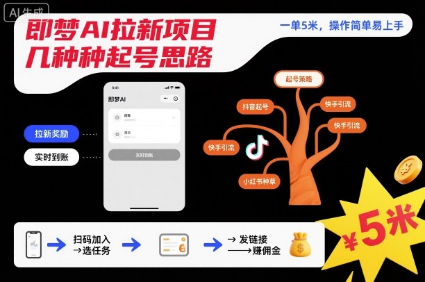 即梦AI拉新项目几种起号思路,一单5米,操作简单易上手-DE云网创