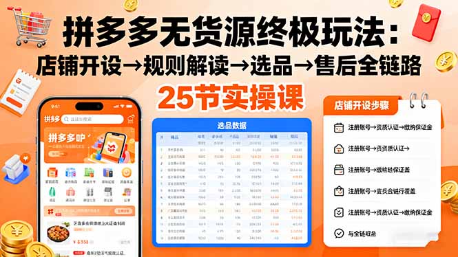 拼多多无货源终极玩法:店铺开设→规则解读→选品→售后全链路,25节实操课-DE云网创