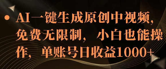 AI一键生成原创中视频，免费无限制，小白也能操作，单账号日收益1k-DE云网创