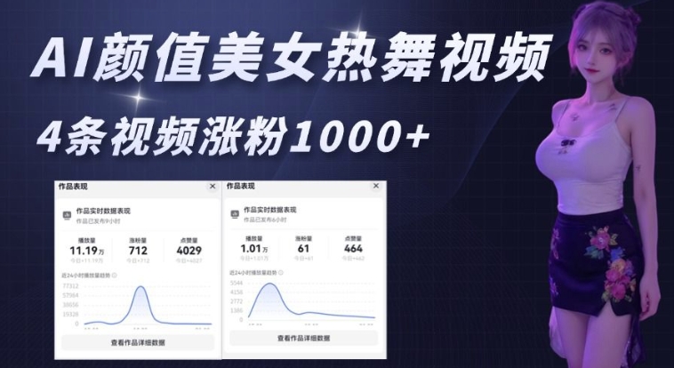AI颜值美女热舞视频，4条视频涨粉1000+，实测6分钟一条-DE云网创