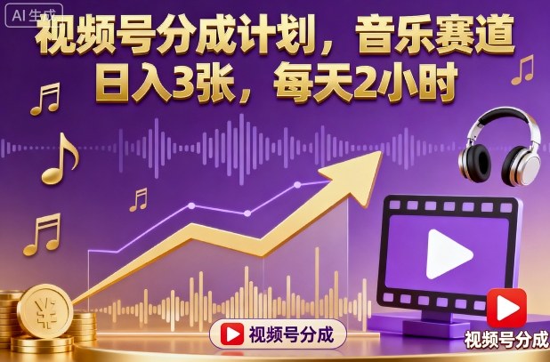 视频号分成计划，音乐赛道，日入3张，每天2小时-DE云网创