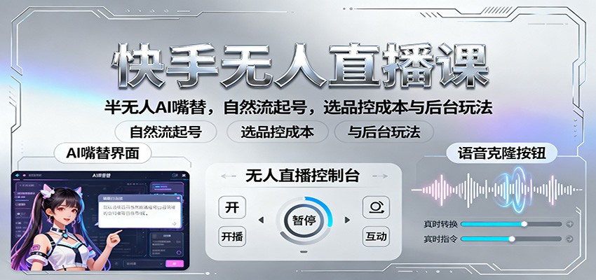快手无人直播课：半无人AI嘴替，自然流起号，选品控成本与后台玩法-DE云网创