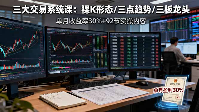 三大交易系统课：裸K形态/三点趋势/三板体系，单月收益率30%+92节实操内容-DE云网创