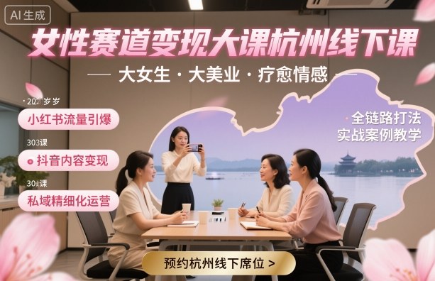 女性赛道变现大课杭州线下，大女生，大美业，疗愈情感，一套小红书、抖音、私域全链路打法-DE云网创