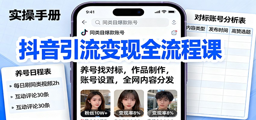 抖音引流变现全流程课：养号找对标，作品制作，账号设置，全网内容分发-DE云网创