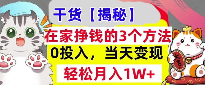 在家挣钱的3个方法，0投入，当天变现，轻松月入过W-DE云网创