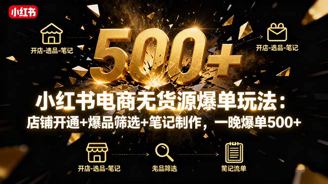 小红书电商无货源爆单玩法：店铺开通+爆品筛选+笔记制作，一晚爆单500+-DE云网创