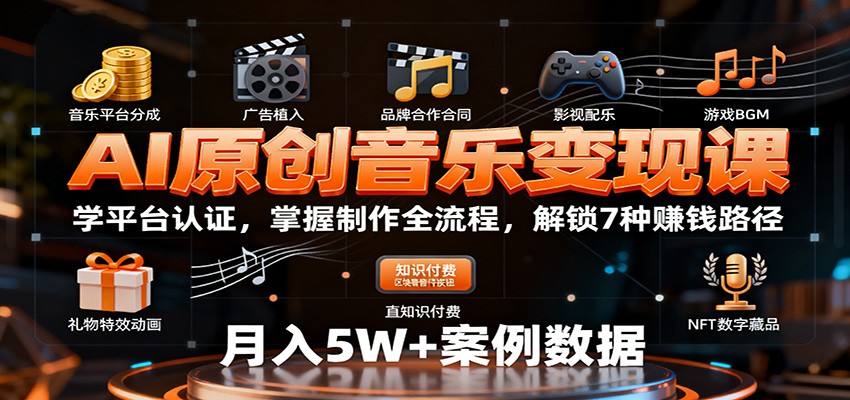 AI原创音乐变现课：学平台认证，掌握制作全流程，解锁7种赚钱路径-DE云网创