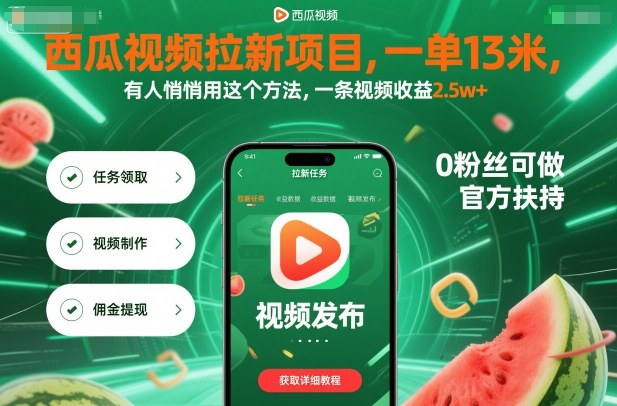 西瓜视频拉新项目，一单13米，有人悄悄用这个方法，一条视频收益2.5w+(附详细教程)-DE云网创
