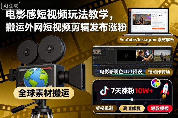 电影感短视频玩法教学,搬运外网短视频剪辑发布涨粉-DE云网创
