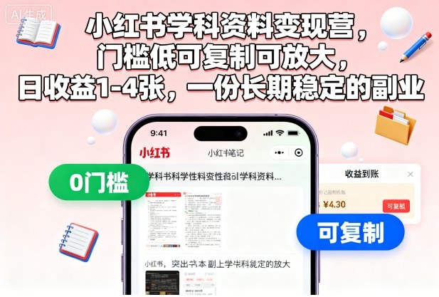 小红书学科资料变现营,门槛低可复制可放大,日收益1-4张,一份长期稳定的副业-DE云网创