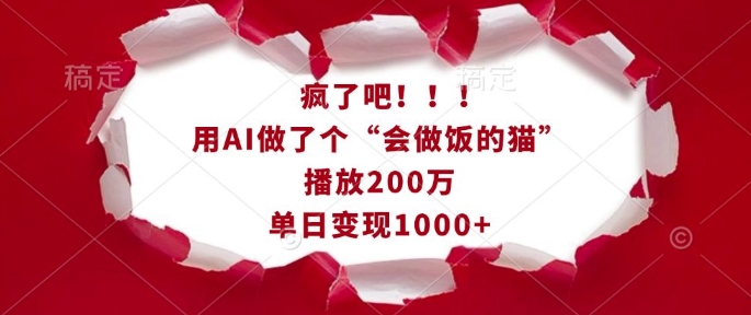 疯了吧！用AI做了个“会做饭的猫”，播放200万，单日变现1k-DE云网创