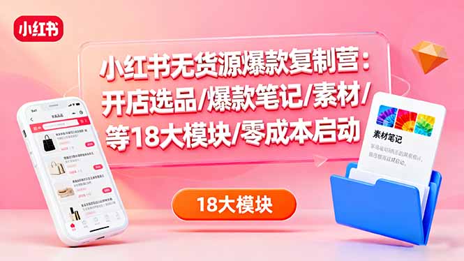 小红书无货源爆款复制营：开店选品/爆款笔记/素材/等18大模块/零成本启动-DE云网创