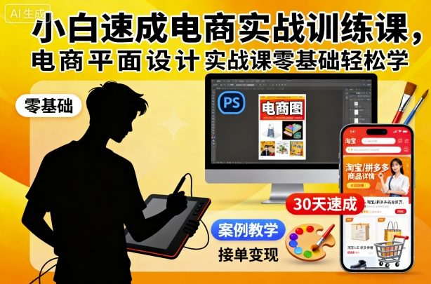 小白速成电商实战训练课,电商平面设计实战课零基础轻松学-DE云网创