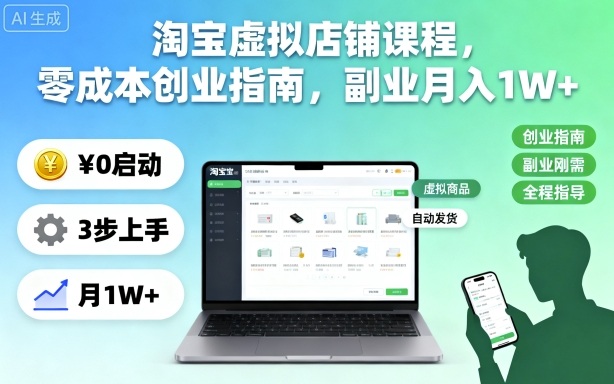 淘宝虚拟店铺课程,零成本创业指南,副业月入1W+-DE云网创