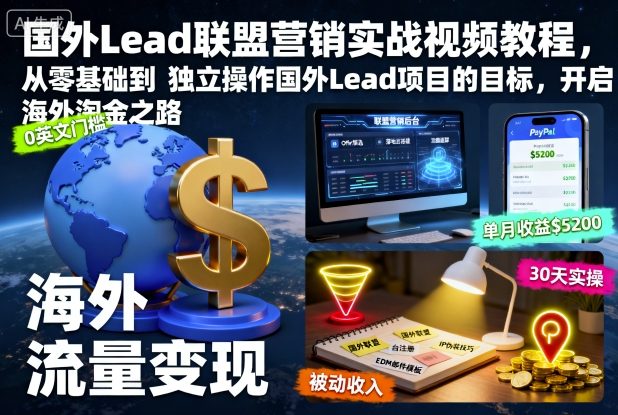 国外Lead联盟营销实战视频教程,从零基础到独立操作国外Lead项目的目标,开启海外淘金之路-DE云网创