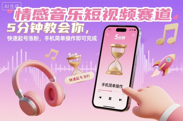 情感音乐短视频赛道，5分钟教会你，快速起号涨粉，手机简单操作即可完成-DE云网创