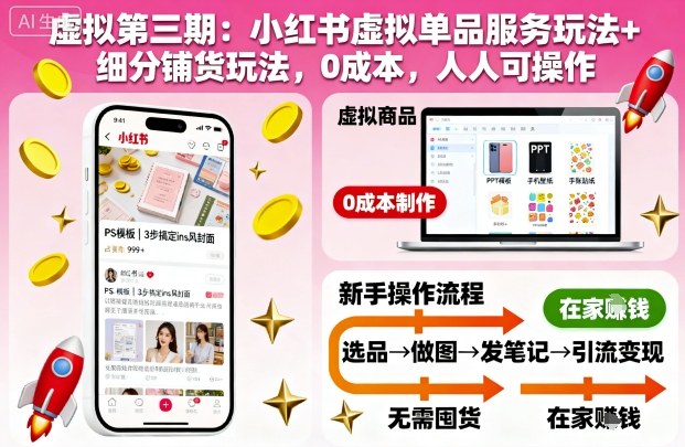 虚拟第三期：小红书虚拟单品服务玩法+细分铺货玩法，0成本，人人可操作(更新)-DE云网创