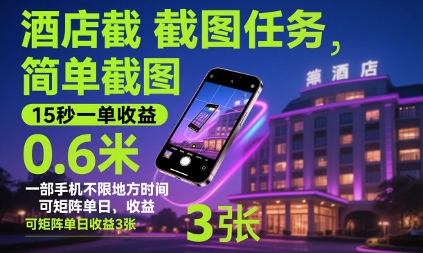 酒店截图任务，简单截图，15秒一单收益0.6米，一部手机不限地方时间，可矩阵单日收益3张【揭秘】-DE云网创