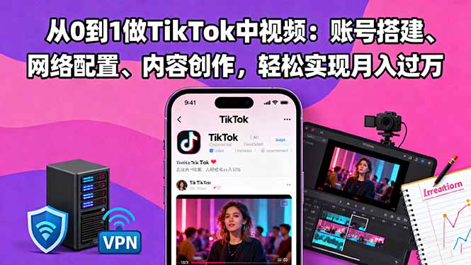 从0到1做TikTok中视频：账号搭建、网络配置、内容创作，轻松实现月入过万-DE云网创